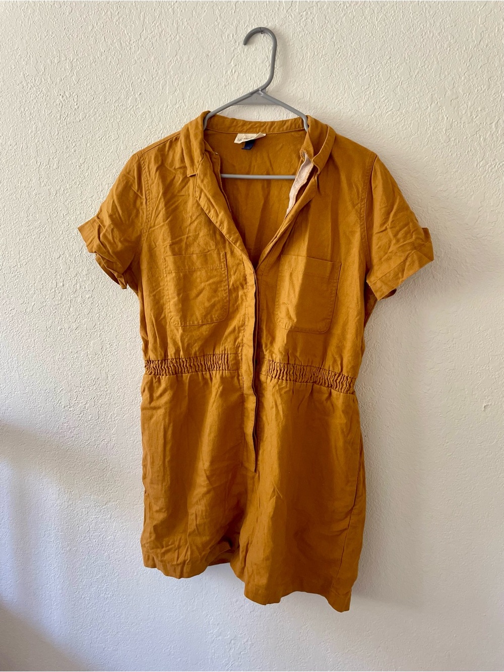 Women's Short Sleeve Linen Blend Romper Dress in Mustard